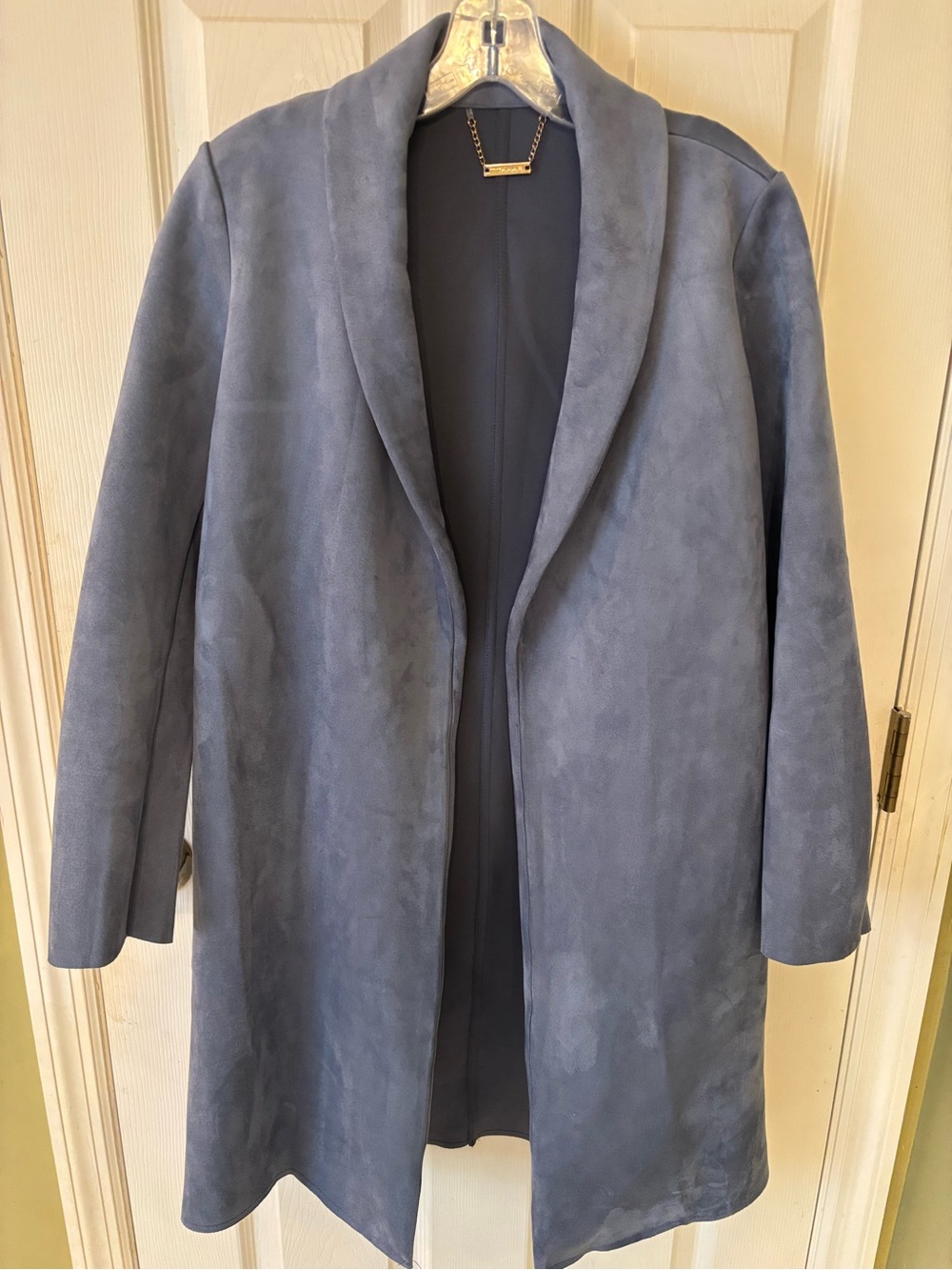 Tahari Slate Blue Open-Front Faux Leather Coat S/P